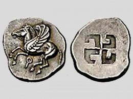 Hooked cross symbol on Greek silver coin, Corinth, 6th century BC