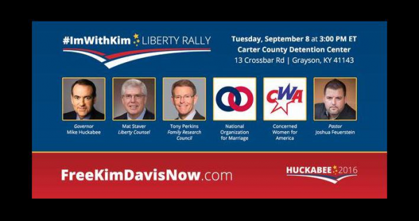 Liberty Rally poster as Huckabee exploits Kim Davis for publicity for his presidential campaign