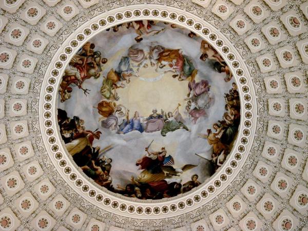 A fresco painting in the interior dome of our nation’s Capitol Building called ‘The Apotheosis of Washington’ (meaning George).  More specifically, apotheosis means the deification of a prince or other distinguished person among the heathen deities.