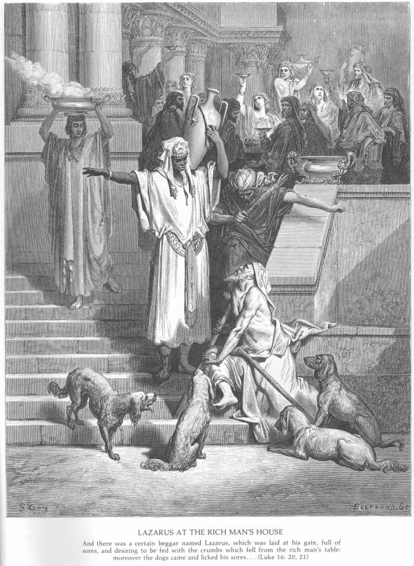 A woodcut by Gustave Dore' titled 'Lazarus at the Rich Man's House'.